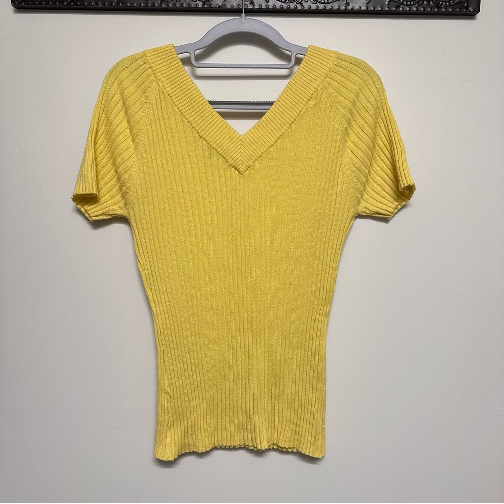 Yellow Ribbed Double V-Neck Stretch Short Sleeve Top Pierri NY